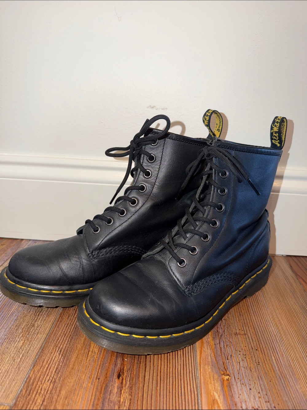 Doc Martens Classic Black Leather Lace-Up Boots with Yellow Stitching